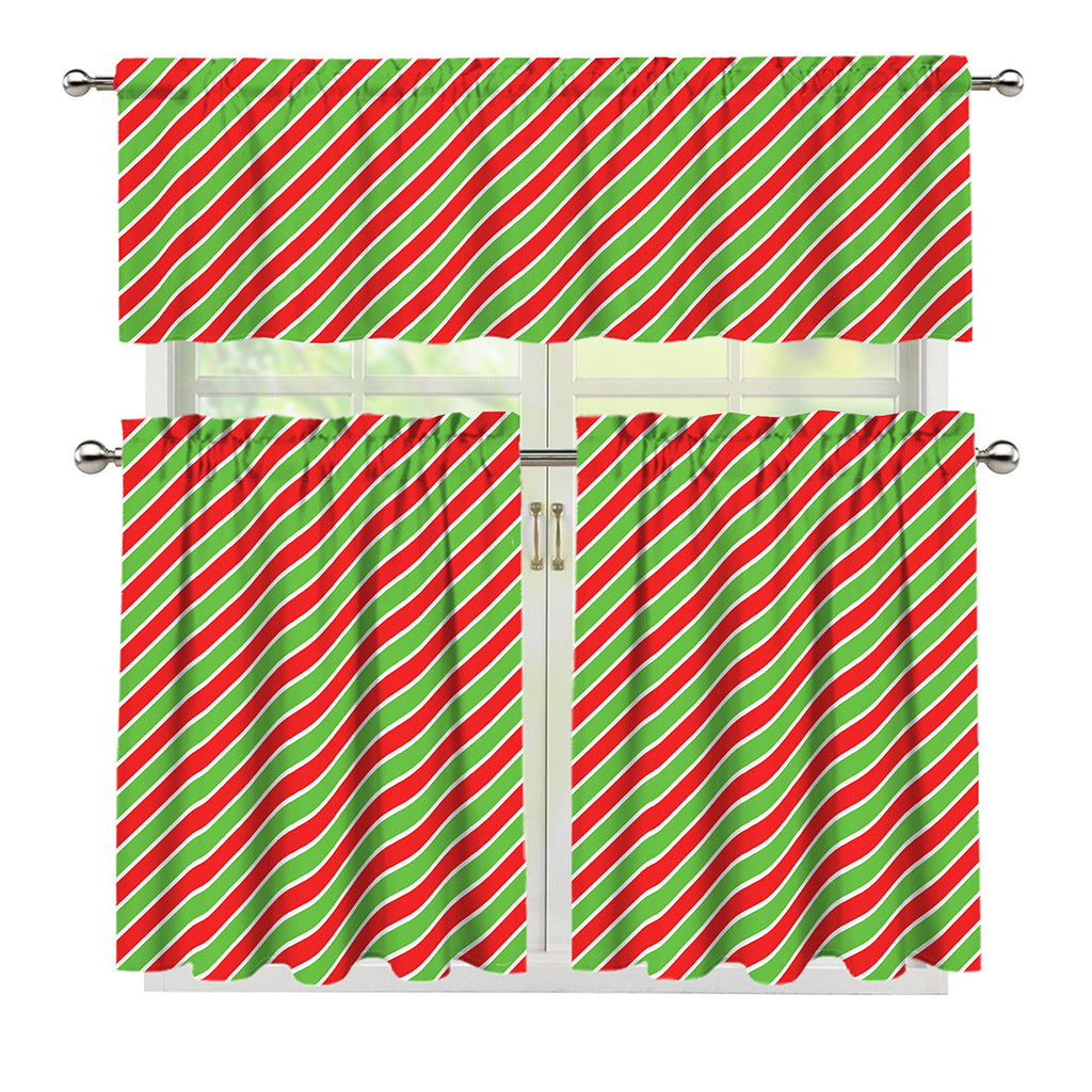 Xmas Candy Cane Stripes Print 3 Piece Kitchen Curtains