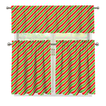 Xmas Candy Cane Stripes Print 3 Piece Kitchen Curtains