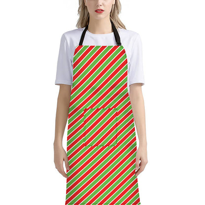 Xmas Candy Cane Stripes Print Bib Apron With Pocket