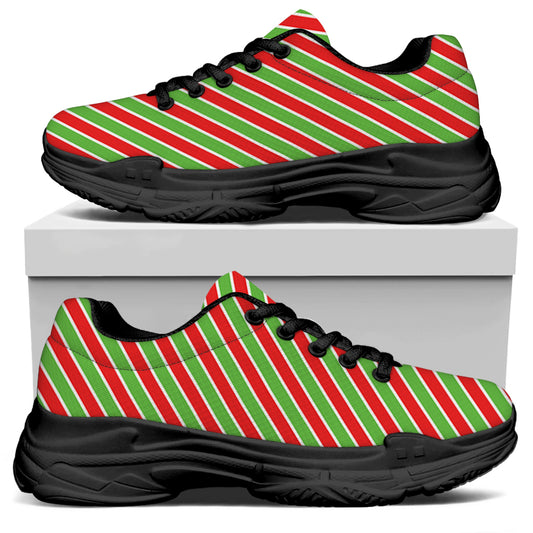 Xmas Candy Cane Stripes Print Black Chunky Shoes