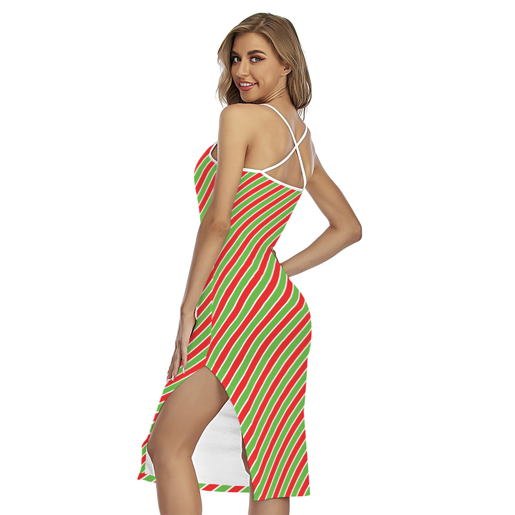 Xmas Candy Cane Stripes Print Cross Back Cami Dress