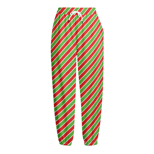 Xmas Candy Cane Stripes Print Fleece Lined Knit Pants