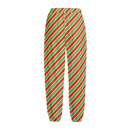 Xmas Candy Cane Stripes Print Fleece Lined Knit Pants