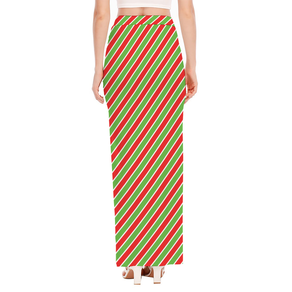 Xmas Candy Cane Stripes Print High Slit Maxi Skirt