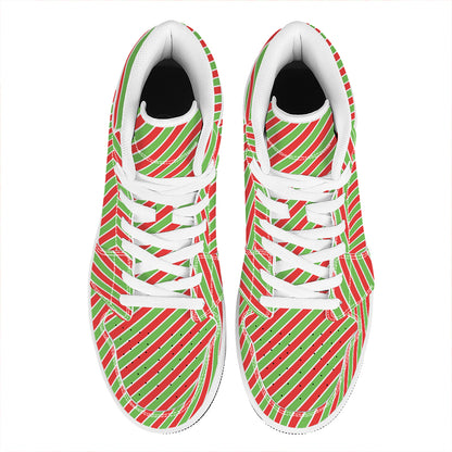 Xmas Candy Cane Stripes Print High Top Leather Sneakers
