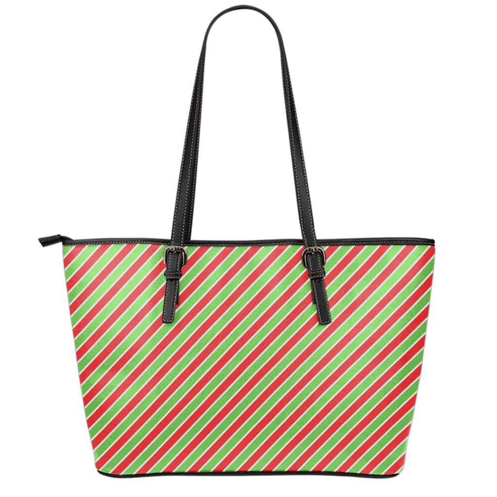 Xmas Candy Cane Stripes Print Leather Tote Bag