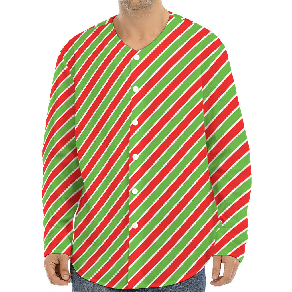 Xmas Candy Cane Stripes Print Long Sleeve Baseball Jersey