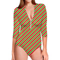 Xmas Candy Cane Stripes Print Long Sleeve Swimsuit