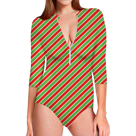 Xmas Candy Cane Stripes Print Long Sleeve Swimsuit