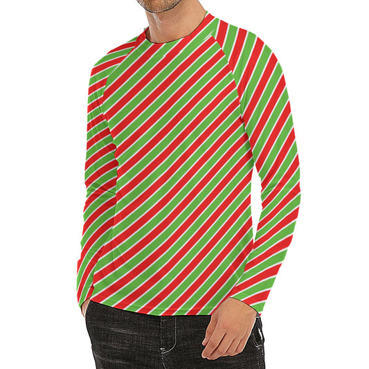 Xmas Candy Cane Stripes Print Men's Long Sleeve Rash Guard