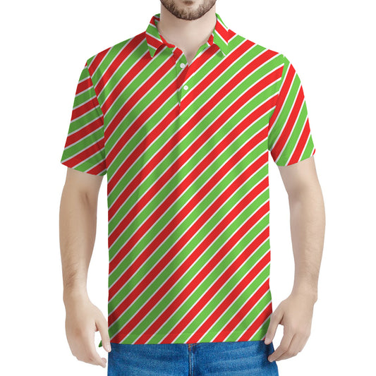 Xmas Candy Cane Stripes Print Men's Polo Shirt