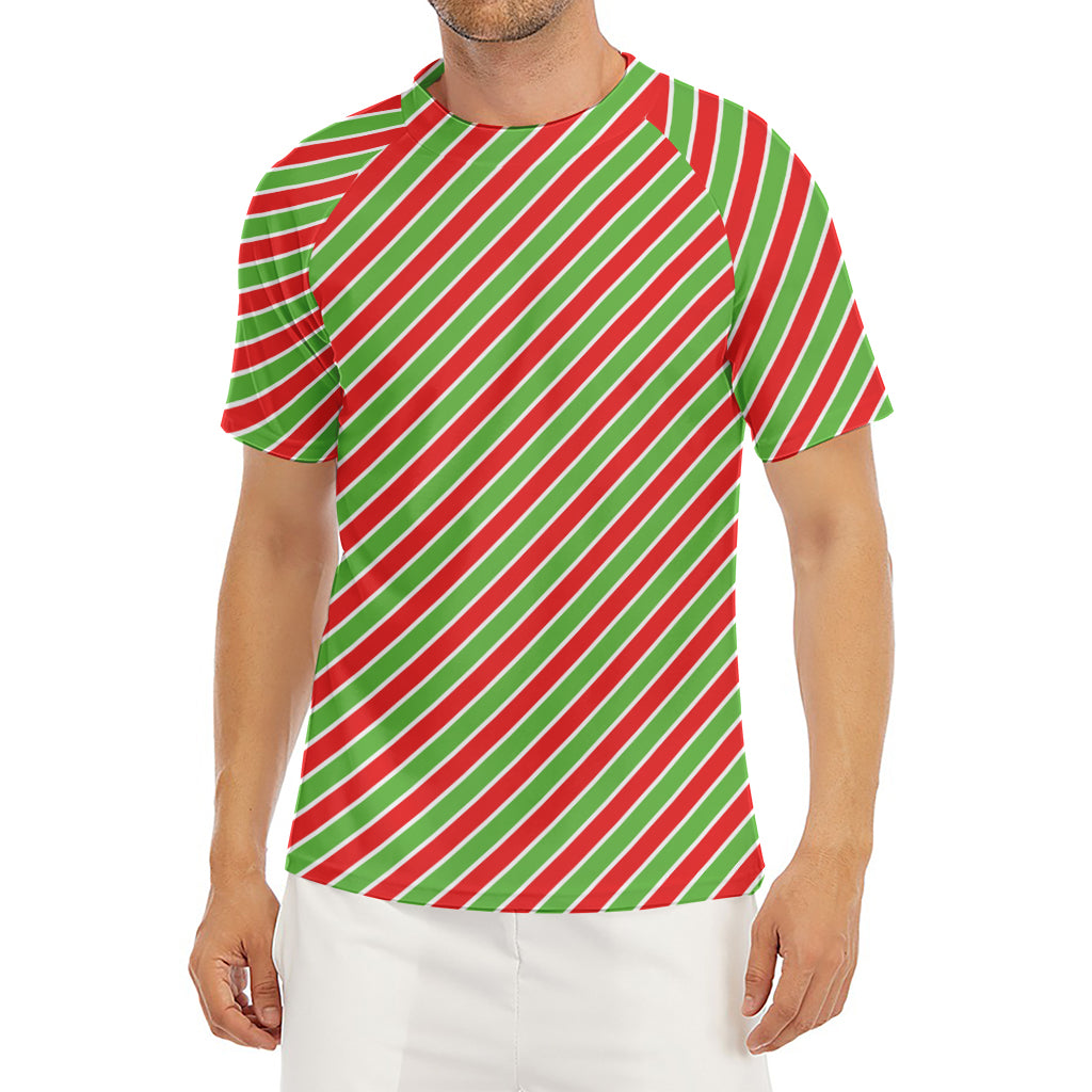 Xmas Candy Cane Stripes Print Men's Short Sleeve Rash Guard