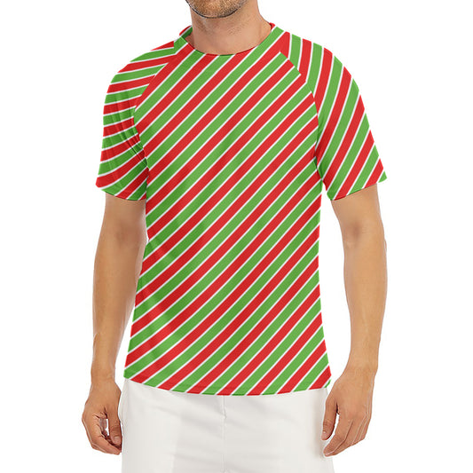 Xmas Candy Cane Stripes Print Men's Short Sleeve Rash Guard