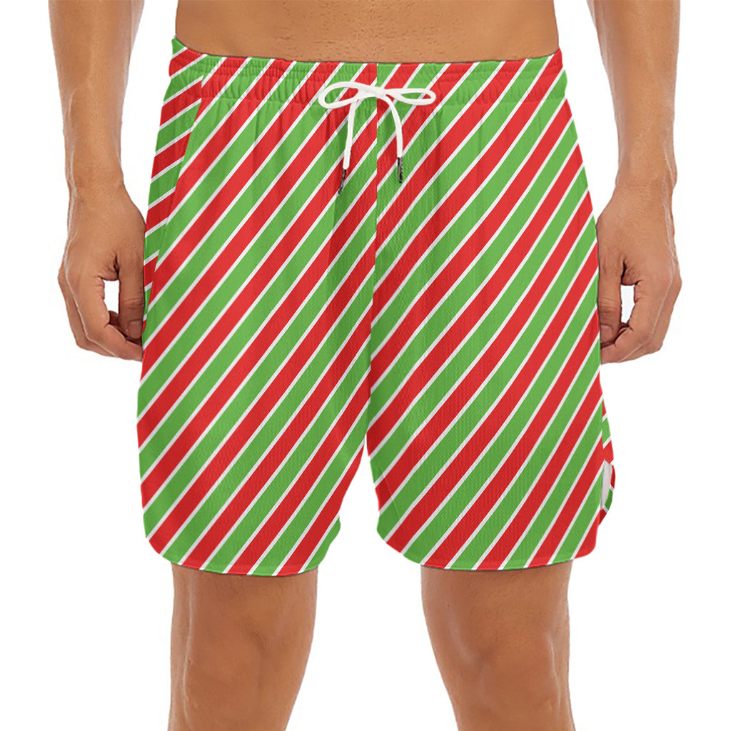 Xmas Candy Cane Stripes Print Men's Split Running Shorts