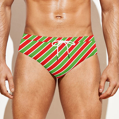 Xmas Candy Cane Stripes Print Men's Swim Briefs