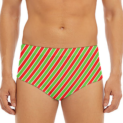 Xmas Candy Cane Stripes Print Men's Triangle Swim Briefs
