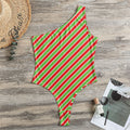 Xmas Candy Cane Stripes Print One Shoulder Bodysuit