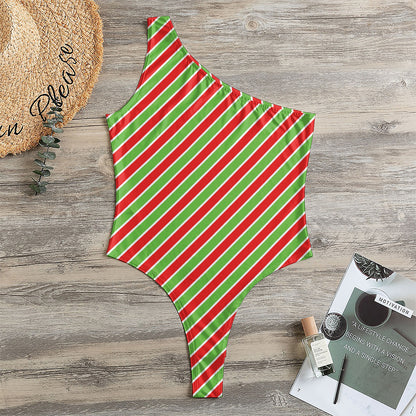 Xmas Candy Cane Stripes Print One Shoulder Bodysuit