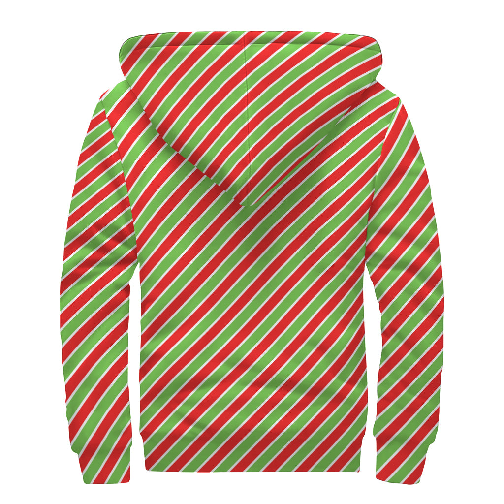 Xmas Candy Cane Stripes Print Sherpa Lined Zip Up Hoodie