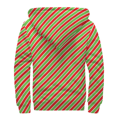 Xmas Candy Cane Stripes Print Sherpa Lined Zip Up Hoodie