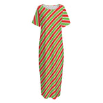 Xmas Candy Cane Stripes Print Short Sleeve Long Nightdress