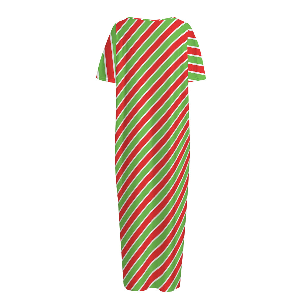 Xmas Candy Cane Stripes Print Short Sleeve Long Nightdress