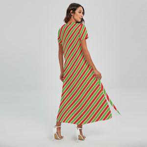 Xmas Candy Cane Stripes Print Short Sleeve Maxi Dress