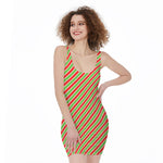 Xmas Candy Cane Stripes Print Sleeveless Bodycon Dress