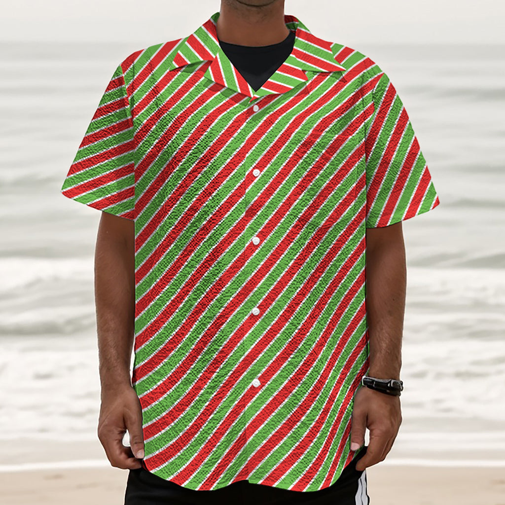 Xmas Candy Cane Stripes Print Textured Short Sleeve Shirt