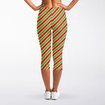 Xmas Candy Cane Stripes Print Women's Capri Leggings