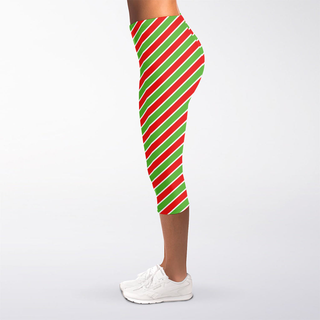 Xmas Candy Cane Stripes Print Women's Capri Leggings