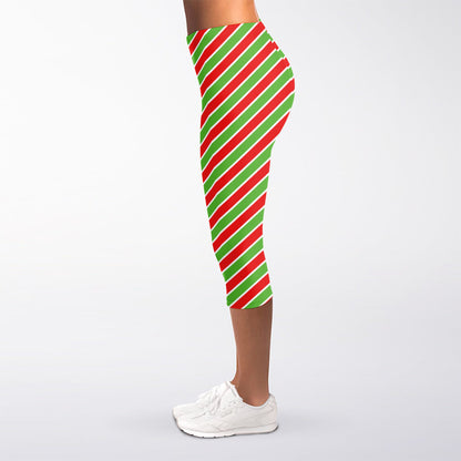 Xmas Candy Cane Stripes Print Women's Capri Leggings