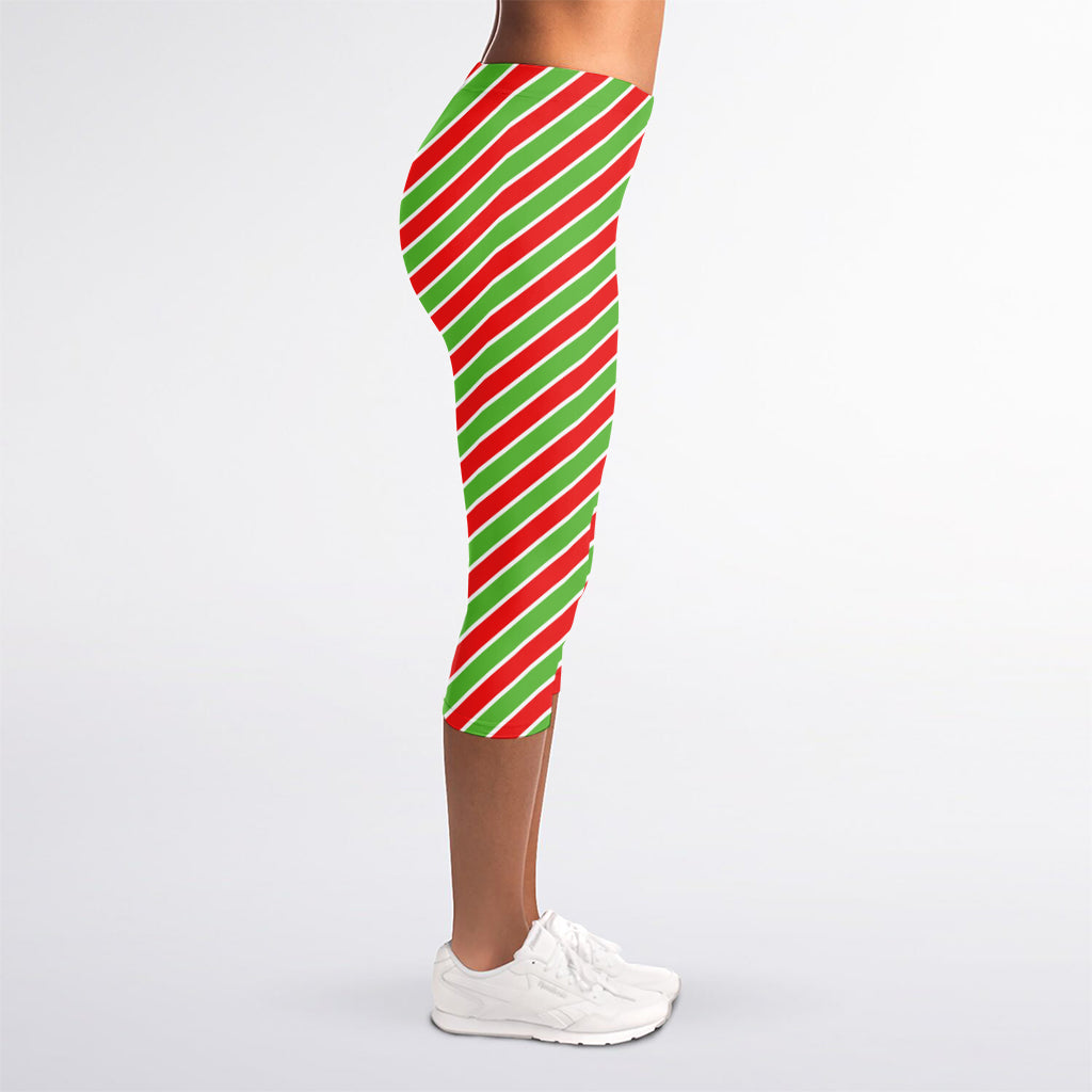 Xmas Candy Cane Stripes Print Women's Capri Leggings