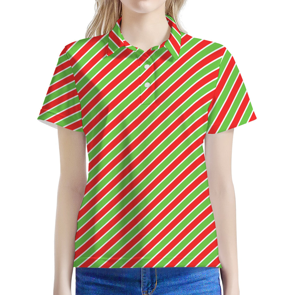 Xmas Candy Cane Stripes Print Women's Polo Shirt