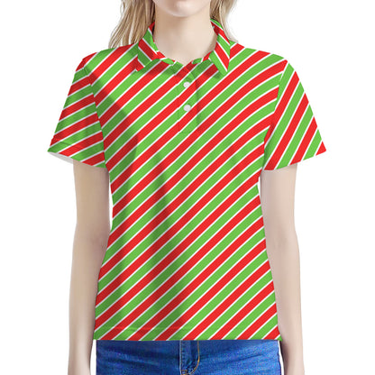 Xmas Candy Cane Stripes Print Women's Polo Shirt