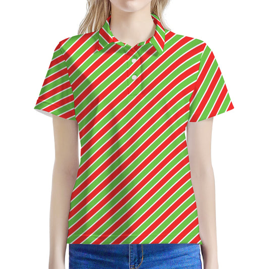 Xmas Candy Cane Stripes Print Women's Polo Shirt