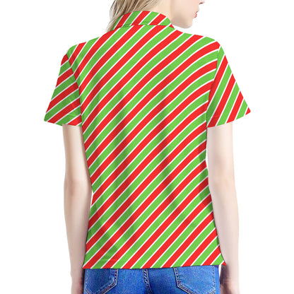 Xmas Candy Cane Stripes Print Women's Polo Shirt