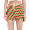 Xmas Candy Cane Stripes Print Women's Split Running Shorts