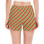 Xmas Candy Cane Stripes Print Women's Split Running Shorts