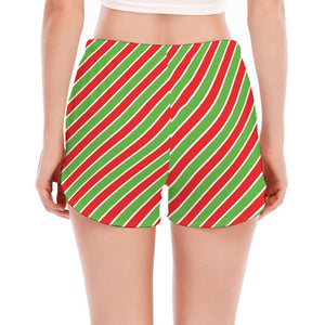 Xmas Candy Cane Stripes Print Women's Split Running Shorts