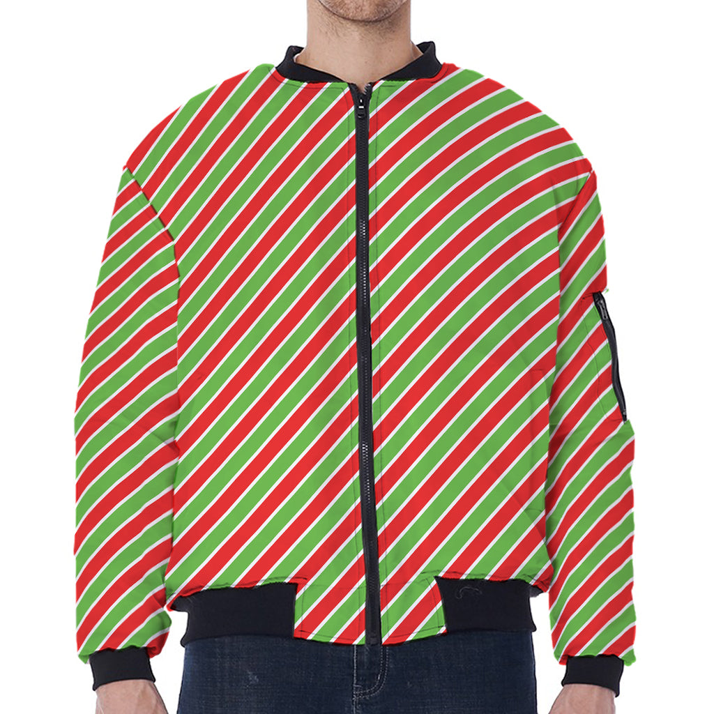 Xmas Candy Cane Stripes Print Zip Sleeve Bomber Jacket