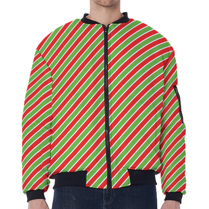 Xmas Candy Cane Stripes Print Zip Sleeve Bomber Jacket