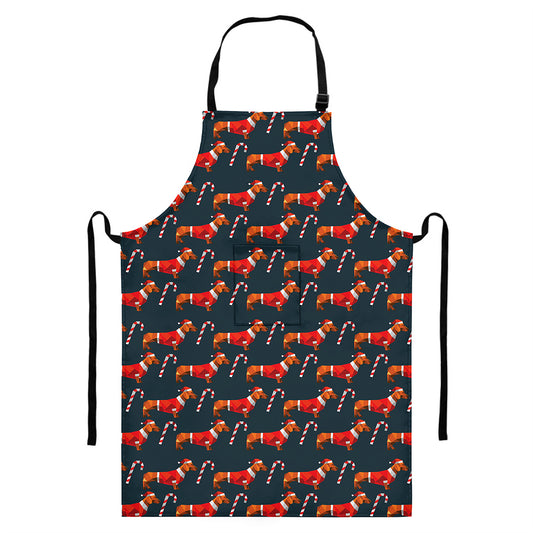 Xmas Dachshund Pattern Print Bib Apron With Pocket