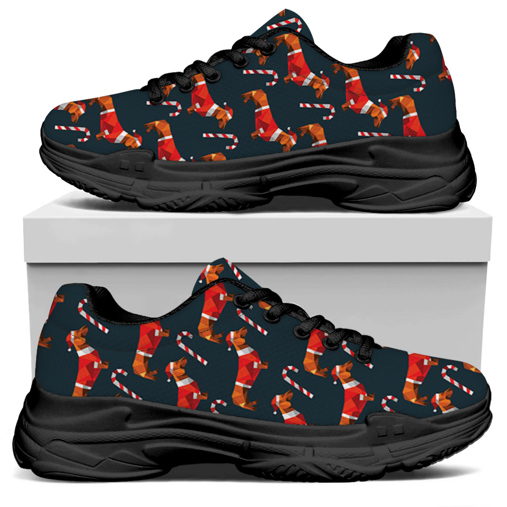 Xmas Dachshund Pattern Print Black Chunky Shoes