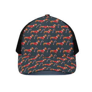 Xmas Dachshund Pattern Print Black Mesh Trucker Cap