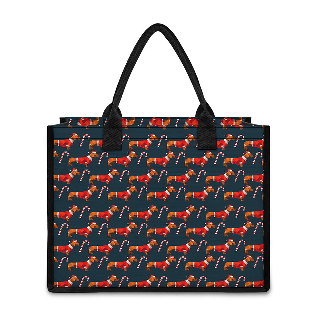 Xmas Dachshund Pattern Print Canvas Tote Bag