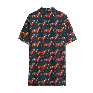 Xmas Dachshund Pattern Print Cotton Hawaiian Shirt