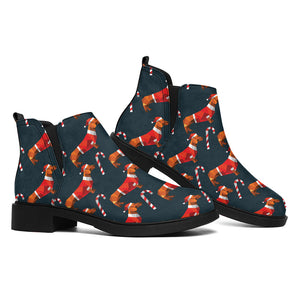 Xmas Dachshund Pattern Print Flat Ankle Boots