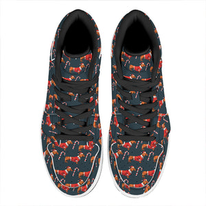 Xmas Dachshund Pattern Print High Top Leather Sneakers