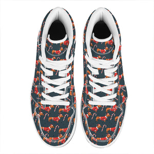 Xmas Dachshund Pattern Print High Top Leather Sneakers